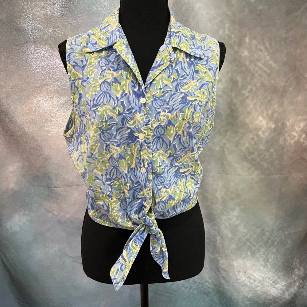 Limited America‎ Womens Large Blue Green Floral Tie Front Sleeveless Cotton Top